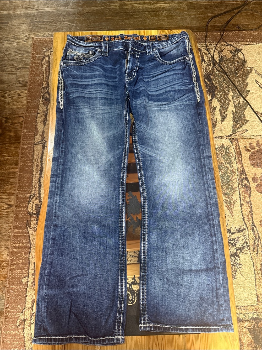 Rock Revival Men's Blue Bootcut Jeans with Whisker Fade